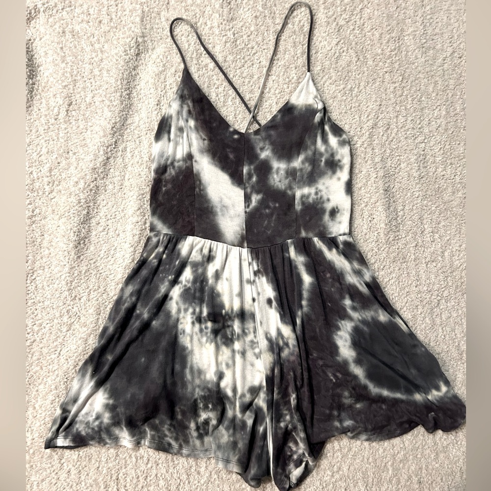 Womens Romper, super soft, size small, criss cross back, black and white tie dye